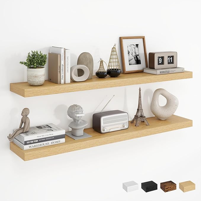 Dreamland 40Inch Floating Shelves for Wall, Rustic Wooden Storage Shelf for Living Room, Kitchen, Farmhouse, Wall Mounted Display Shelving with Invisible Heavy-Duty Metal Bracket, Set of 2 - Oak