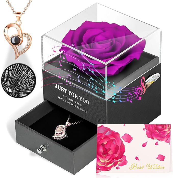 Preserved Rose Gifts for Mom Birthday – Forever Real Rose Music Box for Women – You Are My Sunshine Gifts for Mom Grandma Wife Girlfriend – Eternal Roses Box with I Love You Necklace in 100 Languages
