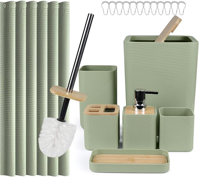 CERBIOR Bathroom Accessory Set with Shower Curtain, Includes Shower Curtain,Soap Dispenser, Toothbrush Holder, Toothbrush Cup, Soap Dish for Decorative Countertop and Housewarming Gift,Green,20PC