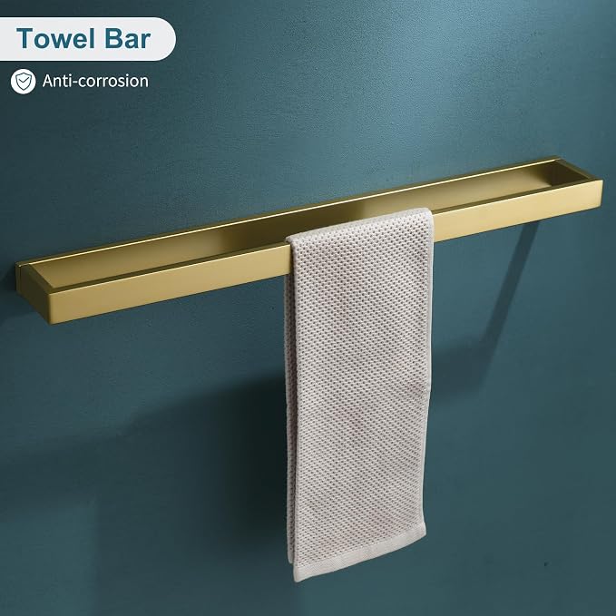 4-Piece Modern Gold Bathroom Hardware Accessories Set - Towel Bar & Holder, Stainless Steel, Wall Mounted, 23.6 Inch