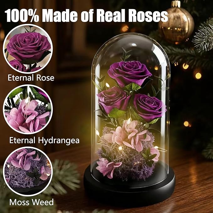 Birthday Gifts for Women Mom Fresh Flowers for Delivery Prime Forever Preserved Rose in Glass Dome Gifts for Her Girlfriend Grandma Daughter Wife Valentines Mothers Day Christmas Anniversary-Purple ﻿