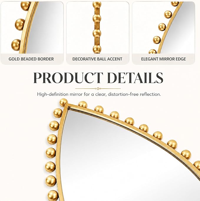 Antique Gold Teardrop Mirror Unique with Ball Frame – 24"x36" Beaded Large Decorative Ornate Wall Mirror for Bathroom, Bedroom, Living Room, Hallway