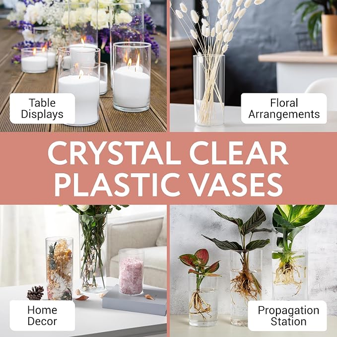 Impresa Clear Acrylic Cylinder Vase Set - 6", 9" & 12", Pack of 6 Shatterproof Plastic Vases - Wedding Centerpiece Decor - Versatile Floral Display & Home Decor