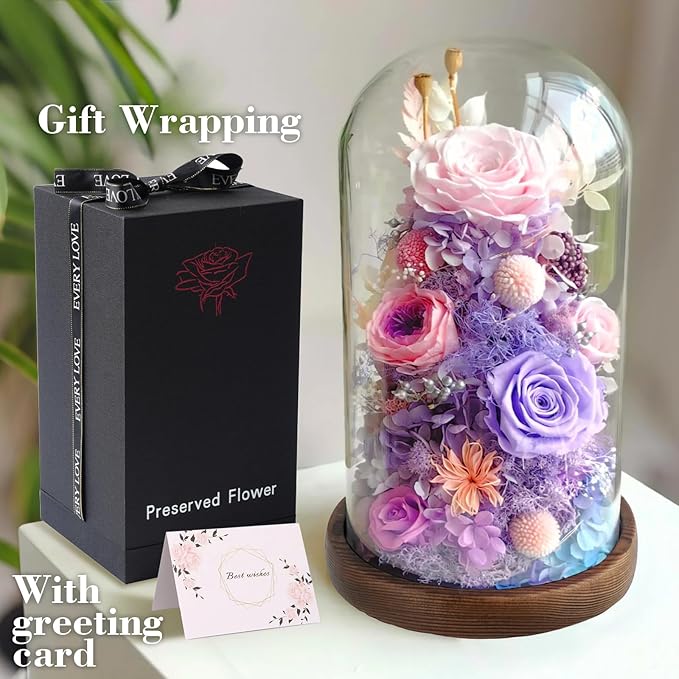 Flowers for Delivery - Forever Flowers Rose in Glass Dome with LED Lights, Large Size Preserved Roses Gifts for Women, Mom, Wife, Friend -Birthday, Anniversary, Valentine's Day Gift (Pink + Purple)