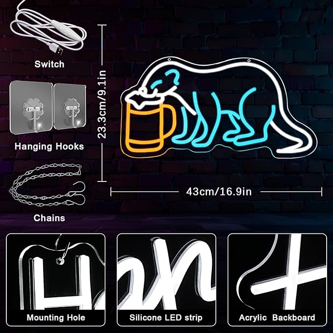 Ferret with Beer Neon Sign for Bar Wall Decor Beer Neon Lights Dimmable Ferret LED Light for Pub Decor Man Cave Decor Gift For Beer Lover