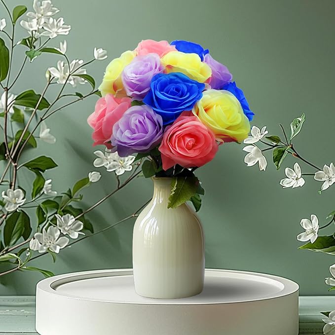 12 PCS Rose Artificial Silk Flowers, Fake Roses with Long Stems Realistic Faux Rose Flower Bouquets for Home Wedding Decoration Party-Mix Color