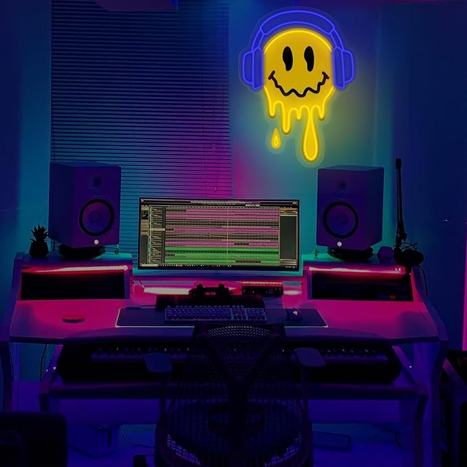 Melting Smile Face With Headphone Neon Sign for Wall Decor Neon Smile Light Signs for Kids Room Bar Party Bedroom Decor Lamp Personalized Gifts Kids Room, Wedding Decoration, Holiday Gift-Blue