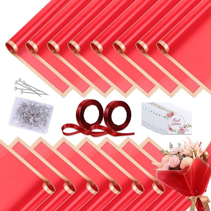Luerbi 40 Sheets Red Flower Wrapping Paper, Gold Edge Waterproof Floral Wrapping Paper, 22.8x22.8 inch Bouquet Paper Wrap with 2 Rolls Ribbon for Wedding Birthday Gift DIY Crafts Florist Supplies