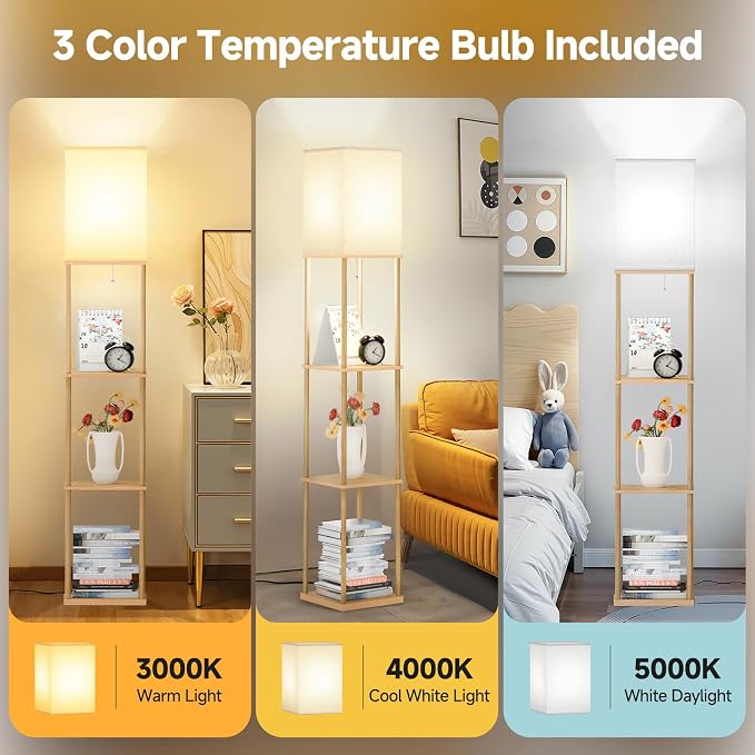 SHINE HAI Floor Lamps with Shelves for Living Room, 3-Tier Square Modern Standing Lamp with 3CCT Bulb, 11W 950LM Brightness, Tall Shelf Lamp for Bedroom, Office, Bookshelf & Display Organizer