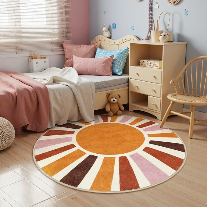LIVEBOX Round Washable Rug 5.2ft Sun Circular Nursery Rug Girl for Kids Room, Soft Colorful Circle Rugs Cute for Girls Room, Non-Slip Cozy Retro Rainbow Round Rug for Classroom Play Room