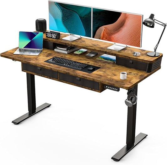 Electric Standing Desk with 4 Drawers 55''x 24'' Adjustable Height Sit to Stand Up Desk with Storage Shelf, C-Clamp Mount Compatible Black Home Office Desks Computer Gaming Table Ergonomic Workstation