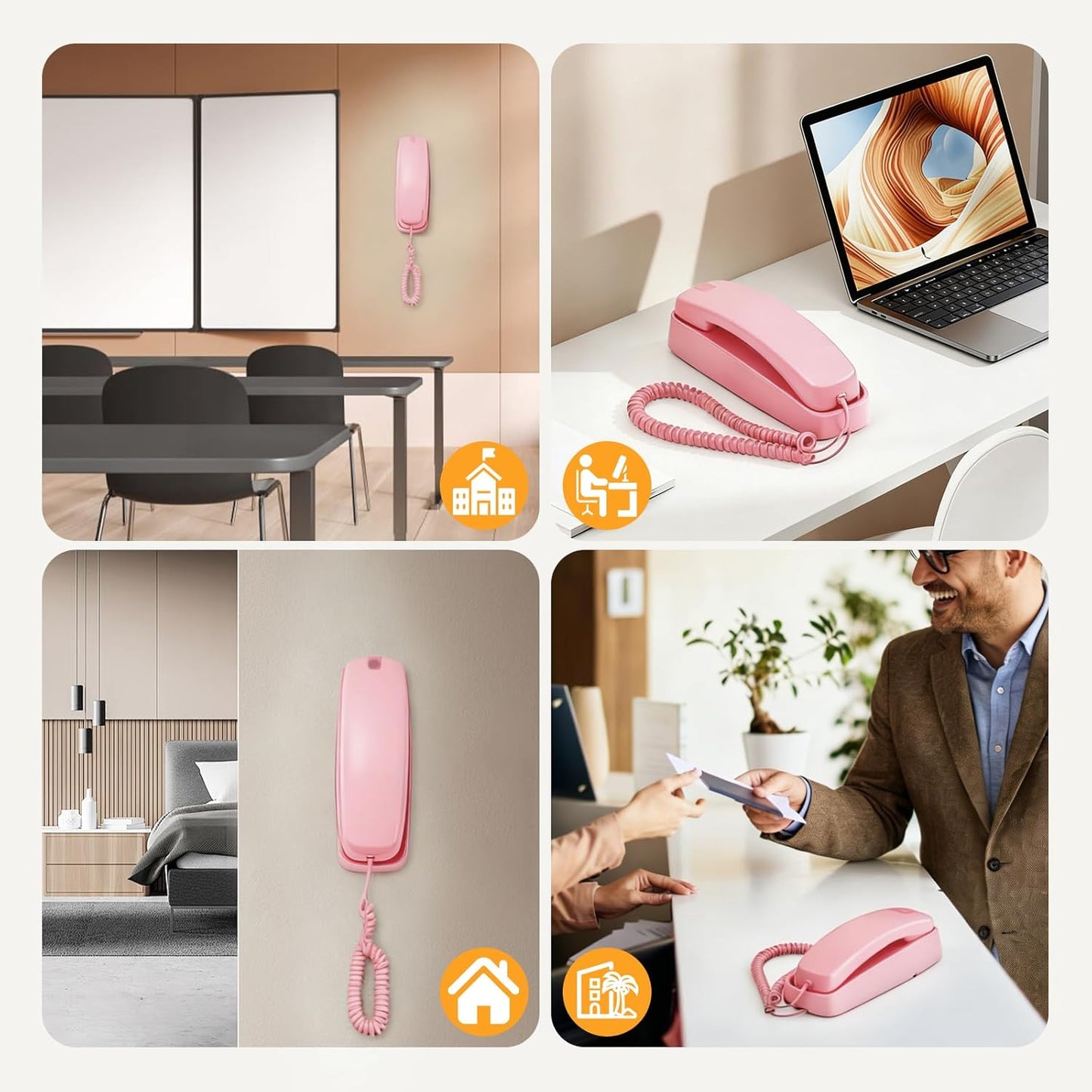 Uvital Corded Landline Phone - Wall-Mount Design with Loud Ringer | Emergency Use, Pink
