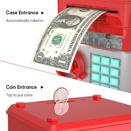 DoubleCare Electronic Piggy Bank - Cute Mini ATM with Password & Music | Red Cash Safe Box for Kids
