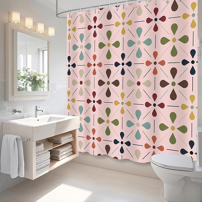 APROPHIC Mid Century Retro Shower Curtain 72x72 Inches, Vintage Geometric Pattern Bathroom Curtain with Hooks, Waterproof Polyester Fabric for Bath Shower, Machine Washable Home Decor for Bath, Pink