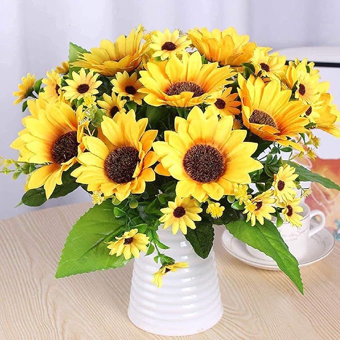 6 Pack Artificial Sunflowers with Stems for Indoor Outdoor 12 inch Fake Silk Sunflower with 13 Sunflower Heads and 27 Green Leaves Decor Home Wedding Party Office (6Pack)