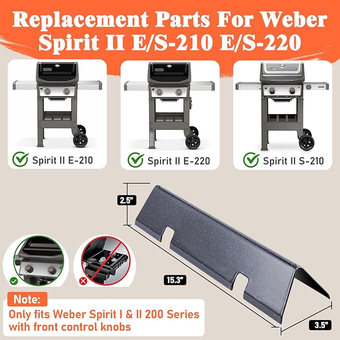 for Weber Spirit 2 Grill Parts, 15.3" Flavorizer Bars for Weber Spirit 2, GS4 Spirit II 200, Spirit II E210 S210 E215 E220 S220 with Front Mounted Control Grill, 16GA Porcelain Enameled Heat Plates