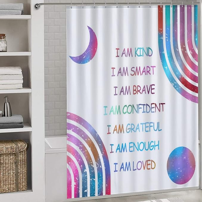 Rainbow Shower Curtain for Girls Bathroom, Boho Rianbow Quotes Inspirational Motivational Positive Colorful Pastel Green for Baby Kids Waterproof Fabric Shower Curtain Set with Hooks, 72"x84" Inch
