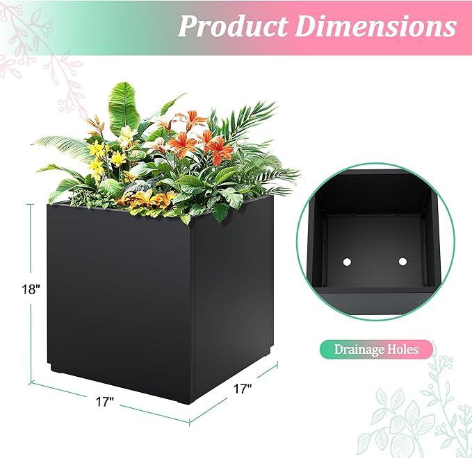 Metal Planter Box Rectangular Planter Box with Drainage Hole, Outdoor Large Planters, All-Weather Use, Rust-Resistance, for Flowers Plants, 17" L × 17" W × 18" H, Black