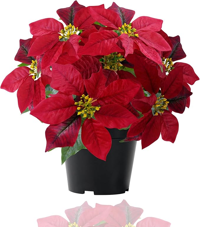 Poinsettia Artificial Red Christmas Flowers 14Inch Faux Poinsettia Plant Winter Flowers for Indoor Outdoor Xmas Ornament Porch Home Garden Decorations