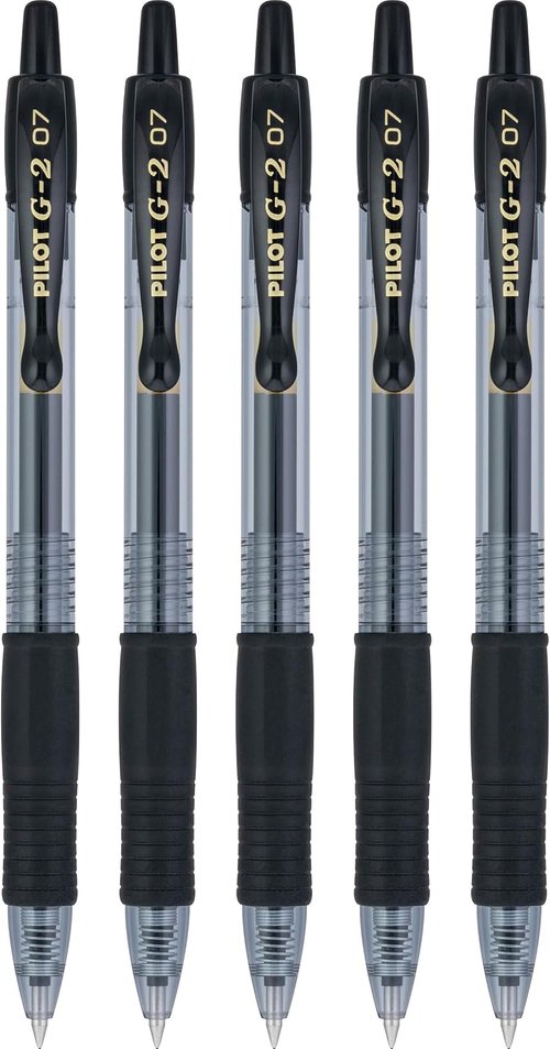 Pilot G2 Gel Roller Pens - Smooth Writing Fine Point 0.7mm - Black Ink, Pack of 5