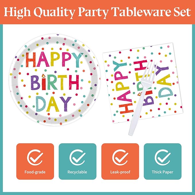 72 Pcs Birthday Plates and Napkins Party Supplies,Happy Birthday Party Plates Napkins Dots Design Tableware Set Decorations for Serves 24 (White)