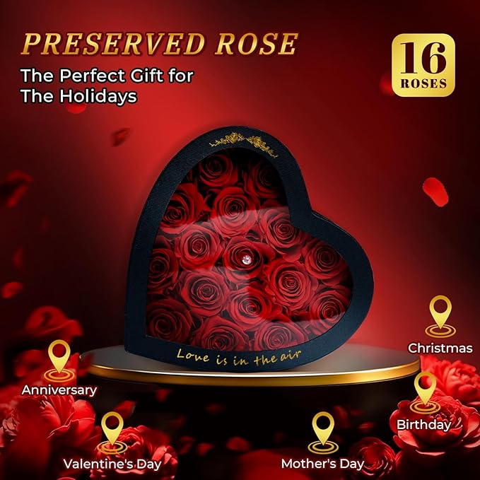 Forever Red Roses in a Heart Shaped Box 16 Preserved Flowers for Delivery 100% Real Quality Immortal Flower Eternal Birthday Graduation Gifts Home Deco for Her Mom Women Wife Girlfriend (Heart-Red)