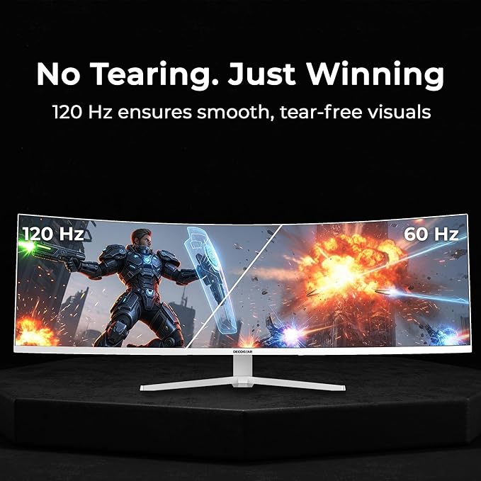 Deco Gear 49" Curved Ultrawide 5K Gaming Monitor, 32:9, 120 Hz, 101% NTSC 100% sRGB, USB-C 65W, Adjustable, Home Office and Entertainment Workstation - Exclusive White Edition