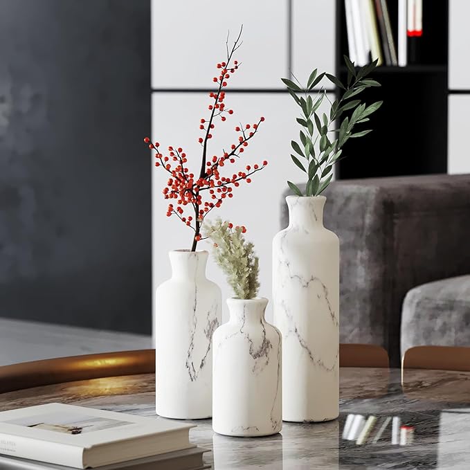Creative Scents White Marble Look Vases Home Decor - Vase Set of 3 - Perfect for Holding Pampas Grass, Dried/Fresh Flowers, Vases for Your Kitchen, Bedroom, Office, Living/Dining Room, or Shelf Decor