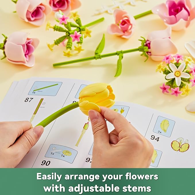 Tulip and Rose Flowers Bouquet Building Sets 18-Pack, Halloween Christmas Valentine's Back to School Gift for Women Girl Girlfriend, Artificial Flower Kits Plant Botanical Collection Home Decor