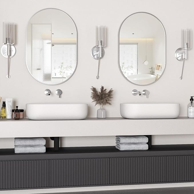 Oval Bathroom Mirror Wall Vanity Oval Mirrors, 2 Pieces 20"x30" Silver Bathroom Mirrors for Over Sink Pill Mirrors Capsule Wall Mounted Mirror, Modern Mirror with Metal Frame for Wall Decor
