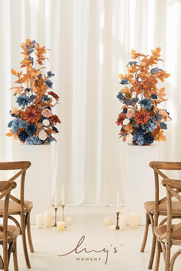 Ling's moment 41" Tall Fall Free Standing Artificial Flowers Arrangements 2 pcs Wedding Arch Altar Stage Decorations Russet Orange & Denim Blue for Ceremony Reception Church Backdrop Outdoor Party