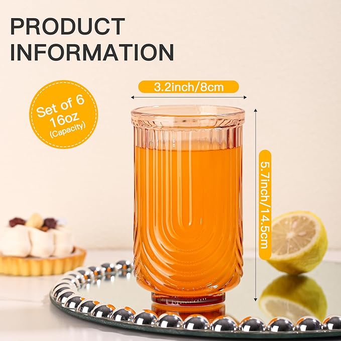 JOVGANK Amber Vintage Glassware Set of 6-17Oz Brown Water Drinking Glass, Art Deco Ripple Highball Glass, Whiskey Cocktail Glasses, for Bar Ice Coffee Juice, Housewarming Gifts and Mother's Day Gift