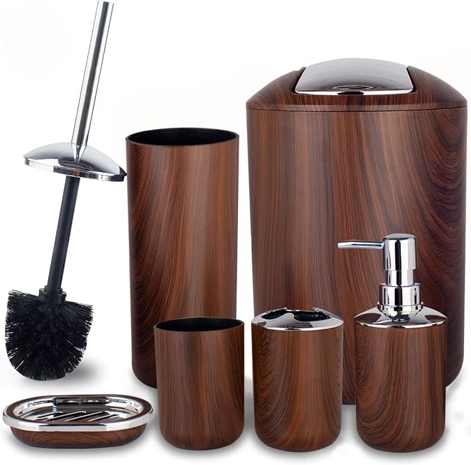 Bathroom Accessories Set 6 Piece Plastic Bath Ensemble Soap Dispenser Toothbrush Holder, Tumbler Soap Dish Soap Saver Trash Can Toilet Brush Holder Decorative Countertop Bathroom Accessoy Set (Brown)