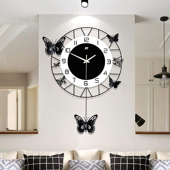 Large Wall Clock 20 Inch, Modern Pendulum Wall Clock Butterfly Art Decor Silent Non-Ticking, Home Décor for Living Room, Kitchen, Dining Room, Bedroom