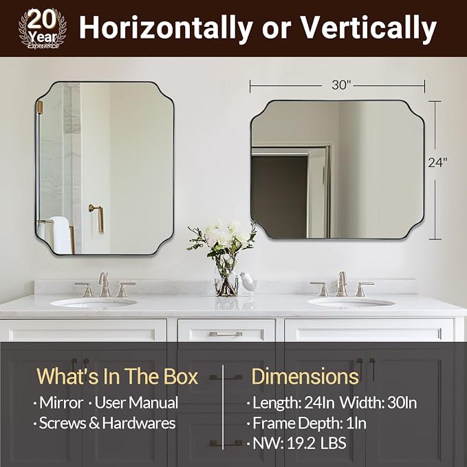 ANDY STAR 24x30 Inch Chrome Bathroom Mirror, Polished Nickel Mirrors for Wall, Modern Scalloped Mirror in Rustproof Stainless Steel Thin Frame, Elegant Scalloped Edge Design, Ideal for Home Remodel