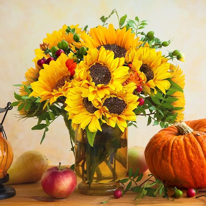 10PCS Sunflowers Artificial Flowers, Fake Silk Sunflower with Long Stem, Artificial Sunflowers for Fall Home Decor, Baby Shower, Wedding Decor and Cemetery Flowers Decor