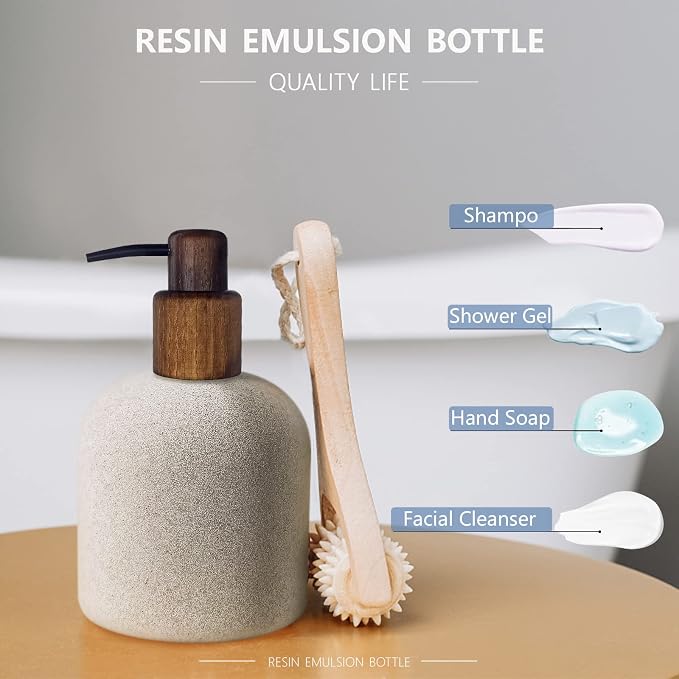 250ml Japanese Style Resin Soap Dispenser Bathroom, Easy to Fill Washing Up for Kitchen Sink, Refillable Shampoo and Conditioner Bottles with Wooden Pump