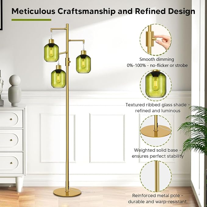 Glass Floor Lamps for Living Room, Modern Standing Lamps with Green Shade, Dimmable Green Tall Floor Lamp, Mid Century Gold 3 Lights Tall Tree Lamp with 3 LED Bulbs