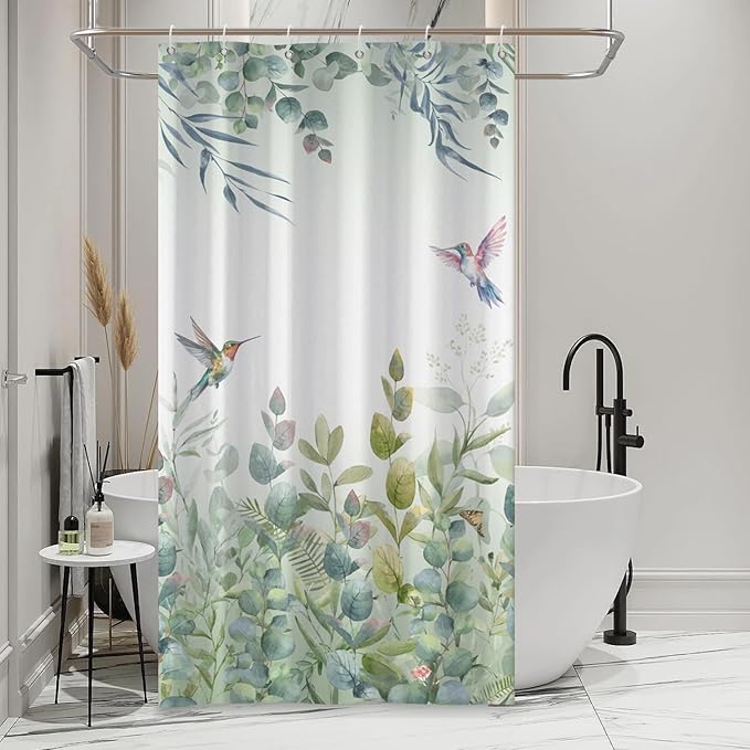 Green Leaf Shower Curtain Colourful Bird Eucalyptus Bathroom Curtain Plant Leaves Botanical Hummingbird Spring Summer Shower Curtain Sets for Bathroom Extra Long 54x72 in with 10 Hooks