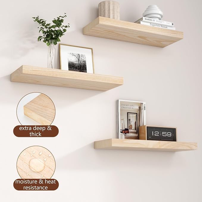 fuqing Natural Wood Floating Shelves - Wood Floating Shelves for Wall Set of 3-17 Inch Wide x 6.7 Inch Deep Natural Wooden Shelves for Living Room Bedroom Home Office