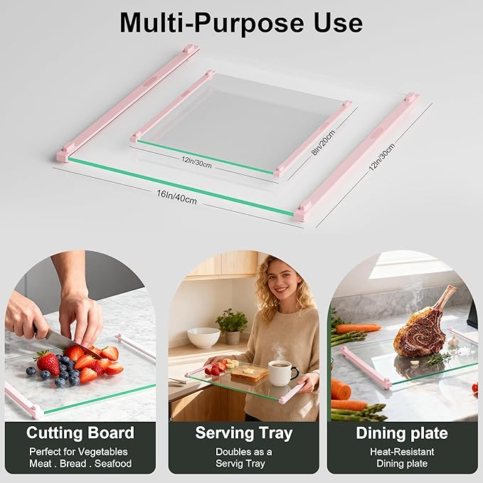2PCS Glass Cutting Board with Silicone Grip, 80% Stronger Shatter Resistance and Slip Resistance,No Scratches/Microplastic-Free,Dishwasher Safe, Non Toxic Chopping Board for Kitchen (Pink)