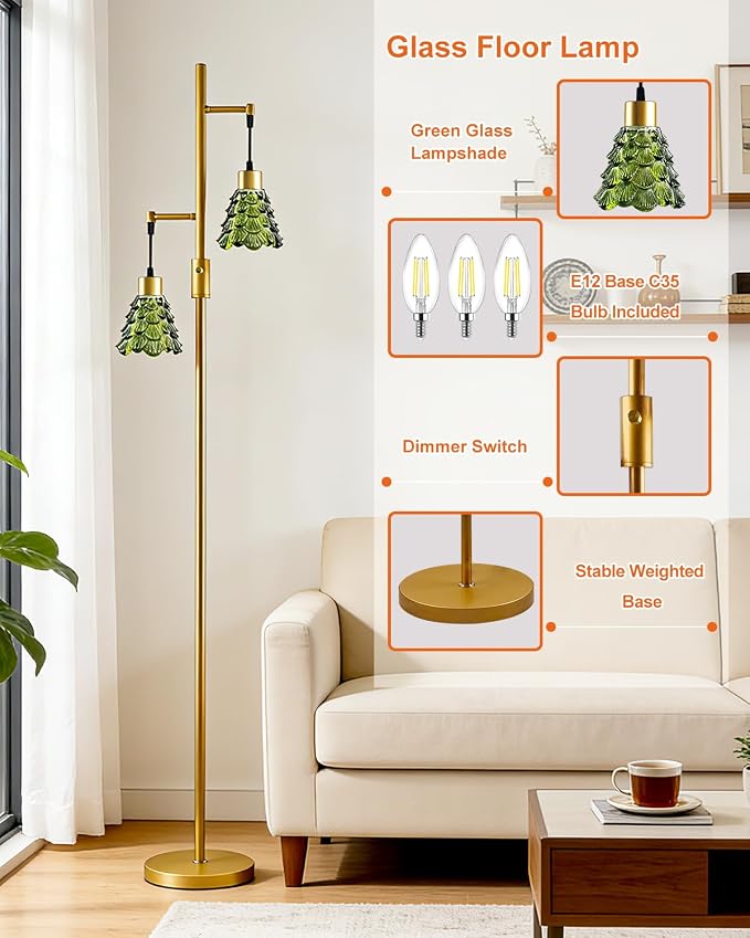 Lightdot 65IN Glass Floor Lamp for Living Room, 2- Light Gold Floor Lamps with Green Glass Shade& Warm White Bulbs, Modern Standing Tall Lamp with 5Lbs Heavy Base for Bedroom/Corner Beside/Home Decor