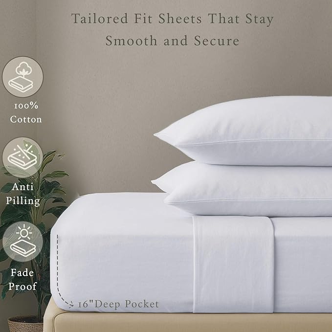 Threadmill 100% Cotton Hypoallergenic/Breathable/Stain-Resistant, 500 Thread Count, Solid 4-Piece Bed Sheet Set (1 Flat, 1 Fitted Sheet, 2 Pillow Covers), Queen White Sheets Set