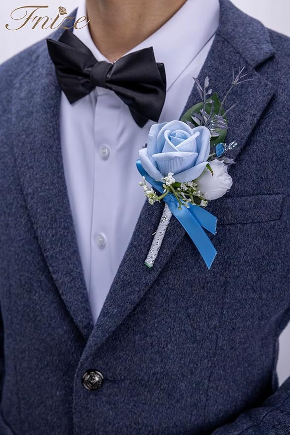 Fnize Blue Corsage and Boutonniere Set for Bride Groom Bridesmaids Groomsmen Wedding Homecoming Flowers Prom Suit Accessories, Rose Boutonniere and Wrist Corsage Flower