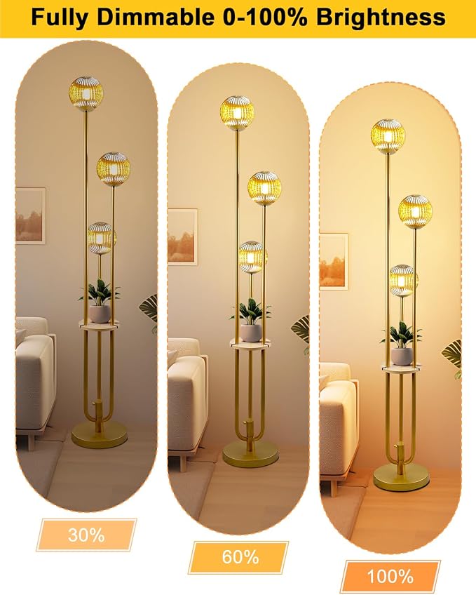Globe Glass Floor Lamp with Table, Gold Tall Standing Lamps Dimmable, 3000K Warmwhite Mid Century Modern Floor Lamp with 5Lbs Heavy Base for Living Room/Bedroom
