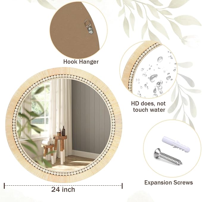 ULIKE Rattan Wicker Mirror for Bathroom, 24 Inch Boho Woven Decorative for Wall, Rustic Farmhouse Vanity Mirror, Round Rattan Mirrors for Living Room Entryway Bathroom Bedroom