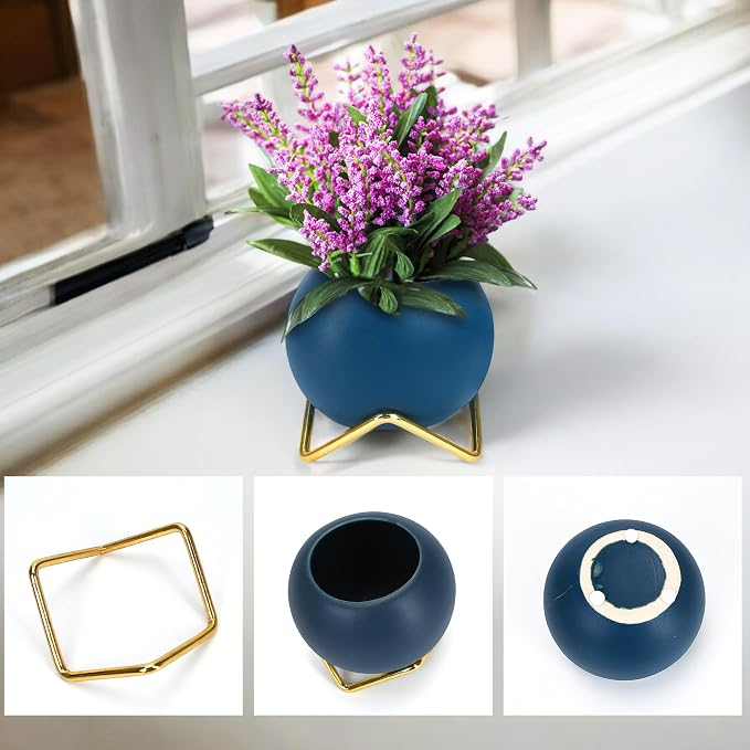 BuleVina 4” Ceramic Plant Flower Pot - Indoor Planter Pot with Gold Metal Stand for Herbs Orchids Cacti Succulents Potted Planter (Navy Blue)