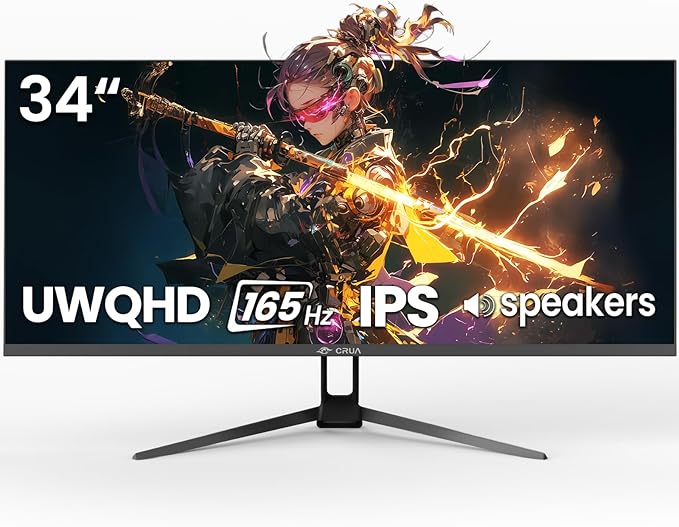 CRUA 34'' Gaming Monitor 165Hz/144Hz, UWQHD 3440x1440P IPS Ultrawide Screen Computer Monitors with Built-in Speakers, Supports FreeSync, 120% sRGB, PIP/PBP, HDMI2.0 & DP1.4, Wall Mount&Tilt Adjustable