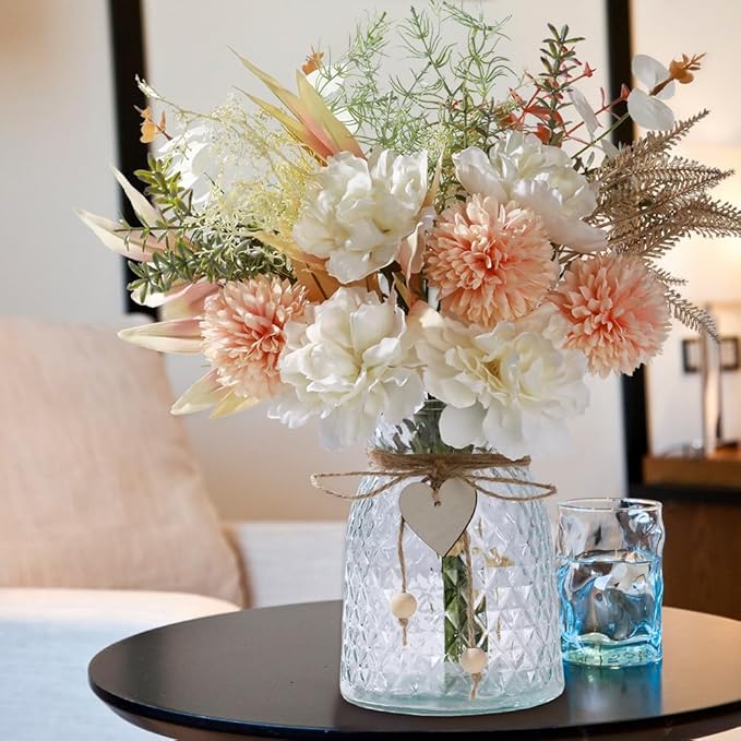Silk Flowers with Vase, Artificial Flowers Arrangement with Glass Vase Faux Peony Hydrangea for Decoration Table Centerpiece (Peony White Pink)