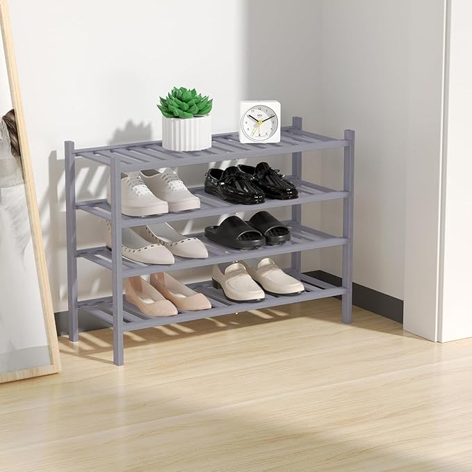 RONGJlA 4 Tier Bamboo Shoe Rack for Closet Free Standing Wood Shoe Shelf Storage Organizer for Entryway Small Space Stackable, Gray